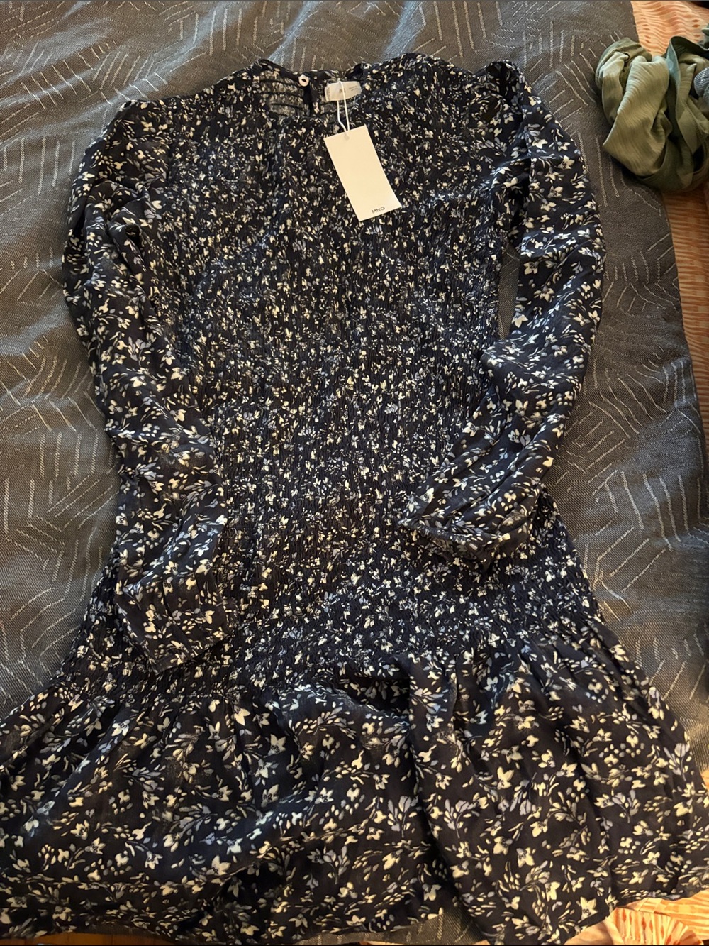 Mango Navy and White Smocked Floral Dress